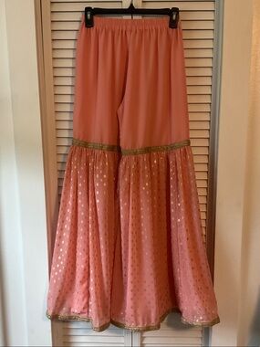 Women's Peach Colored Sharara Pants with Gold/Metallic Spot Prints & Gold Trim